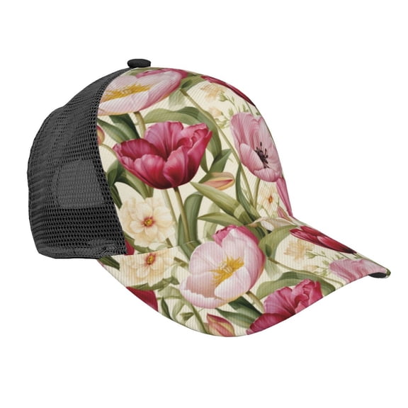 Lsque Tulips Flowers Printed Trucker Hat - Baseball Cap for Men Women - Breathable Mesh Side, Adjustable Fit - for Casual Wear