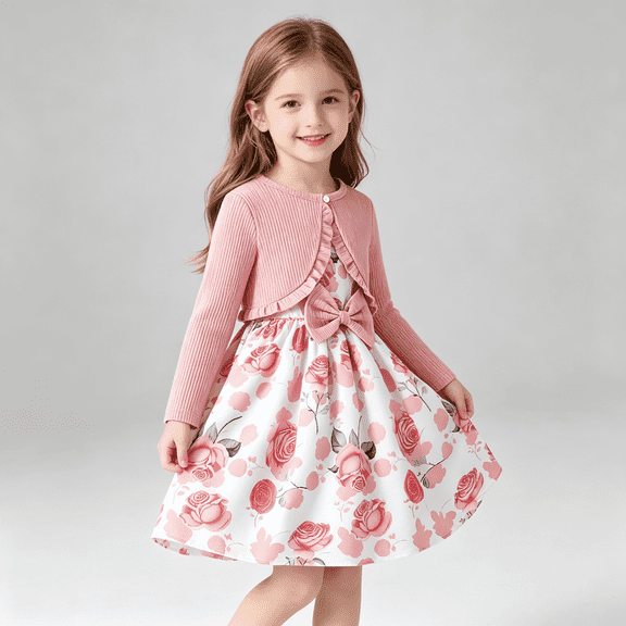 Girls Pink Floral Sleeveless Dress and Cardigan Set 2-Piece for Party Church,Size 4-5T