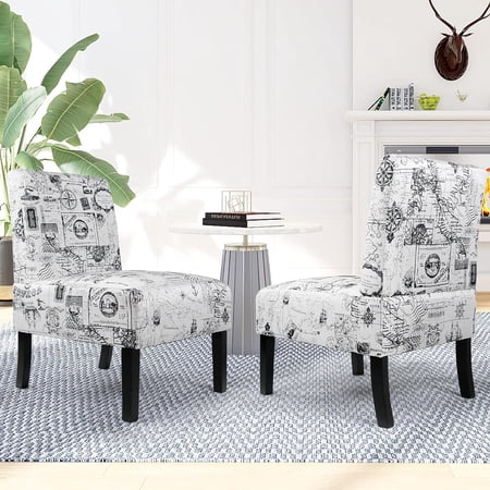 LAZZO Modern Fabric Armless Accent Chair Set of 2, Map Design White