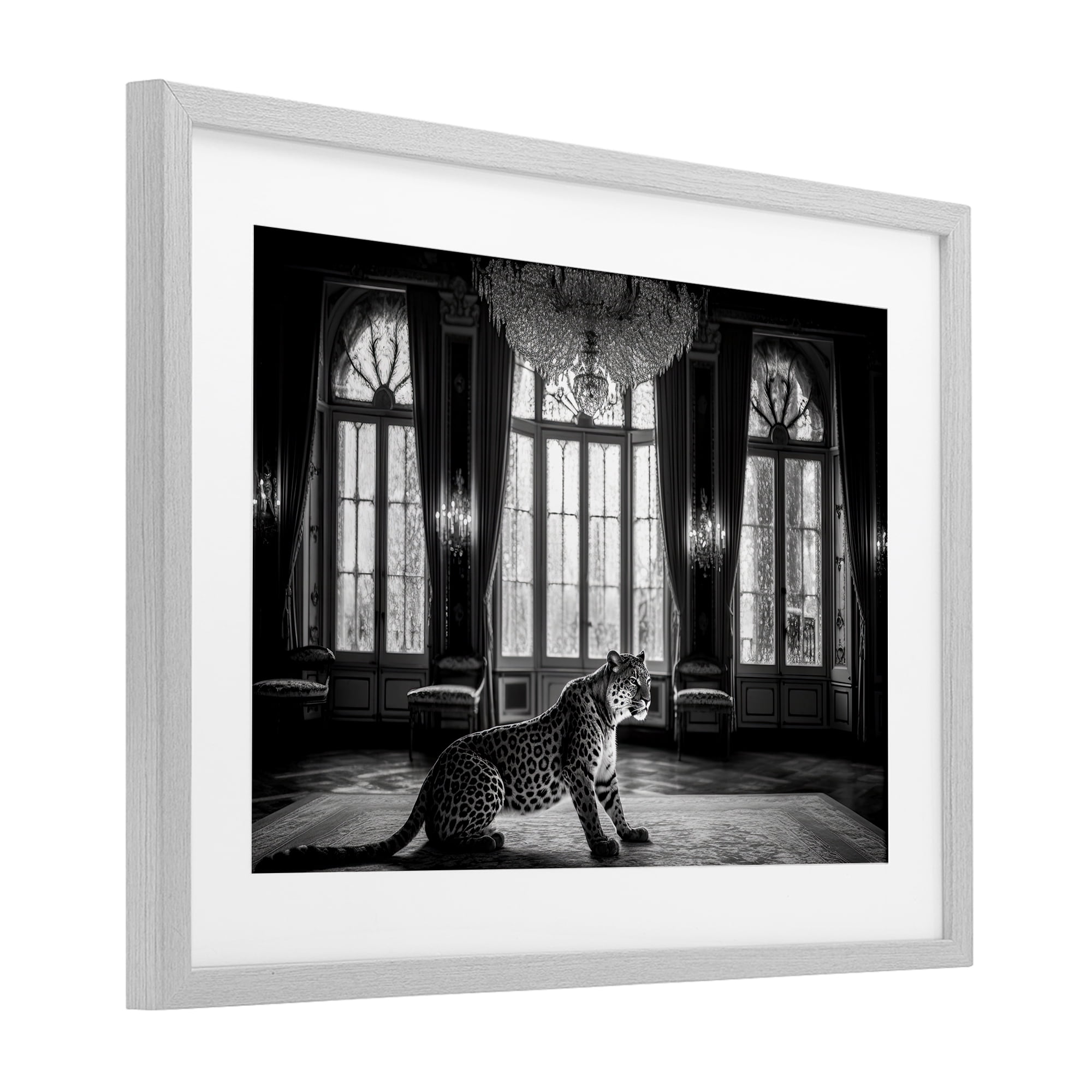 Snow Leopard in Opulent Mansion Gray Framed Print Under Glass, design by Decent Exposures