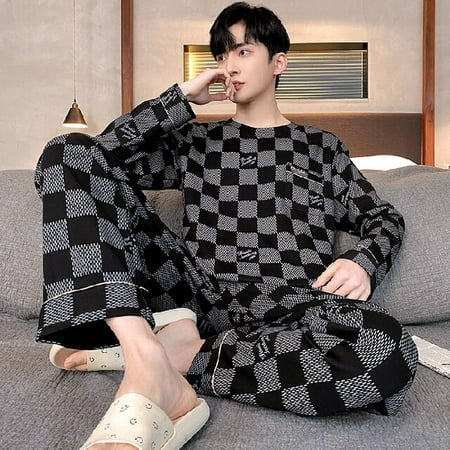 

PIKADINGNIS Mens Pajamas Set Spring Autumn Leisure Elastic Waist Men Sleepwear Set Cotton Mens Long Sleeve Nightwear Loose Homewear Cloth