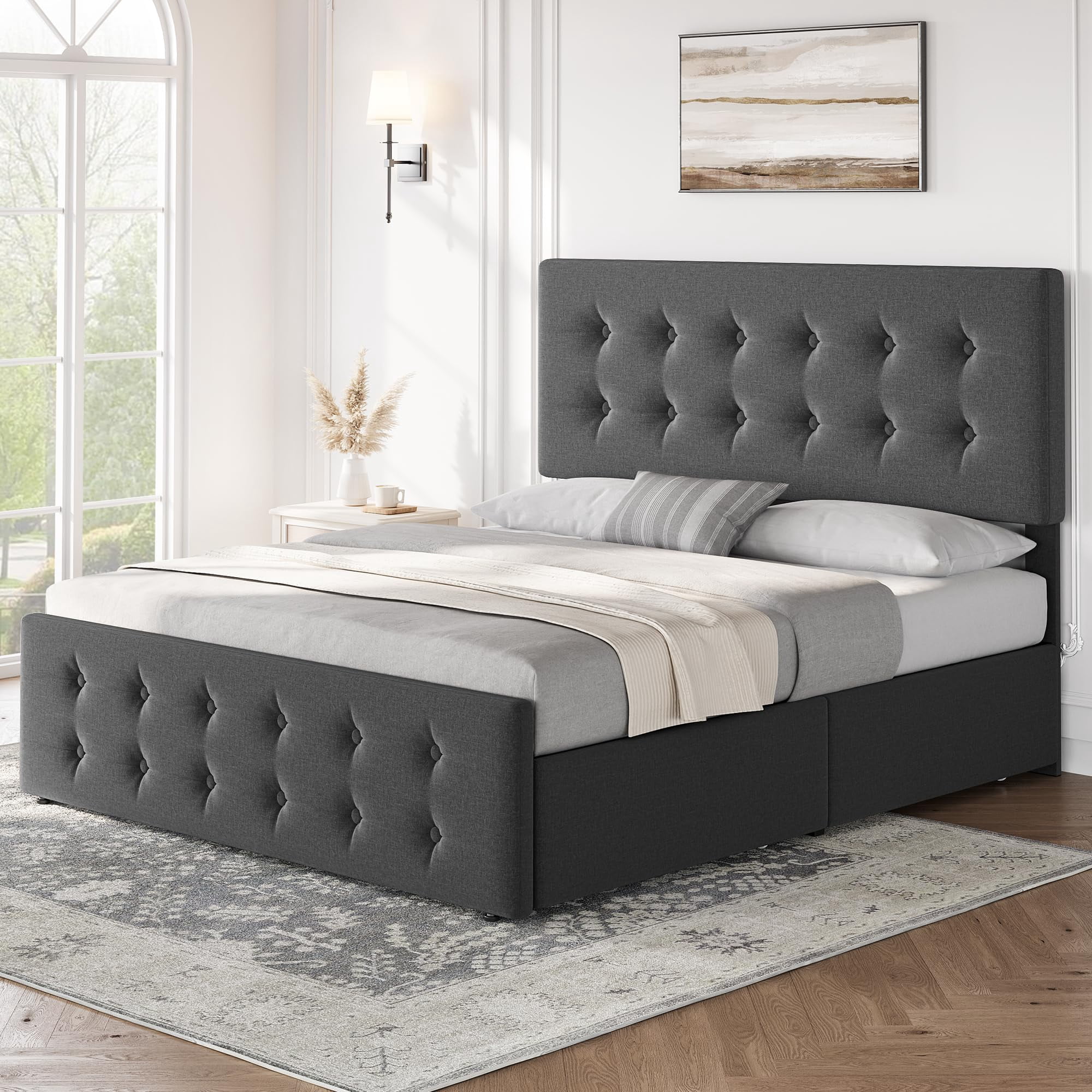 Maritcute Full Size Bed Frame with 4 Storage Drawers and Adjustable Headboard, Upholstered Mattress Foundation with Skin-Frienly Linen, No Box Spring Needed, Light Grey