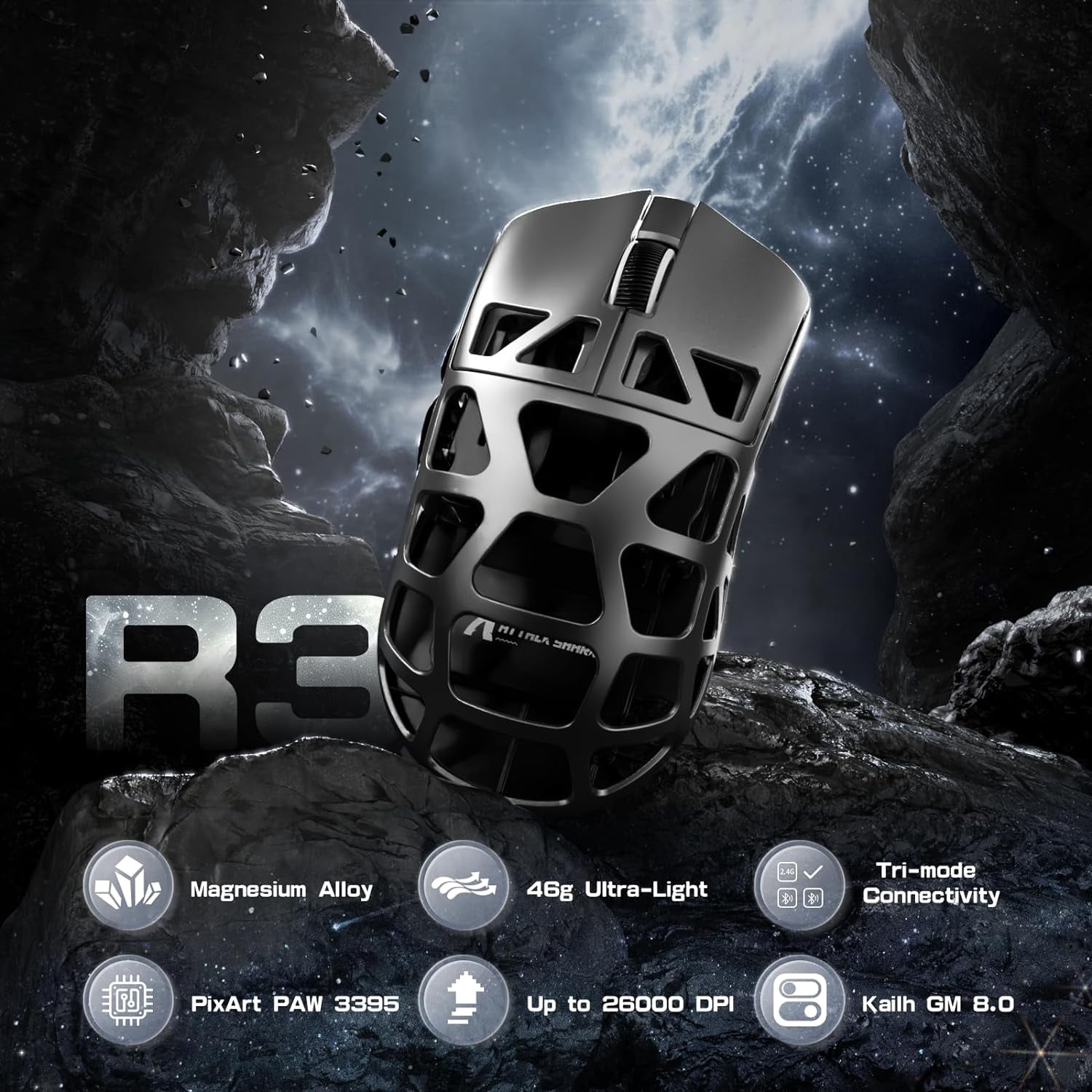 ATTACK SHARK R3 46g Superlight Magnesium Alloy Wireless Gaming Mouse, BT/2.4Ghz/Wired Computer Mouse, 8000Hz Wireless Polling Rate, PAW3395 26K DPI Optical Sensor Programmable Mice for Win/Mac(Gray)