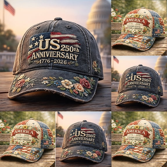 1776-2026 America 250th Anniversary Vintage Distressed Baseball Cap USA Flag Floral Design Adjustable Unisex Patriotic Hat C