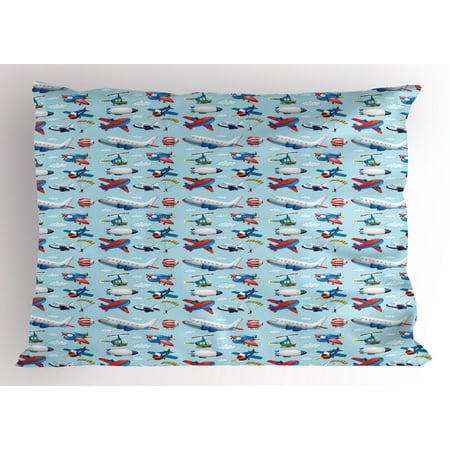 Sky Type (Airplane Pillow Sham Different Types of Cartoon Aircraft Floating in Blue Sky with Sky Diving People, Decorative Standard Queen Size Printed Pillowcase, 30 X 20 Inches, Multicolor, by)
