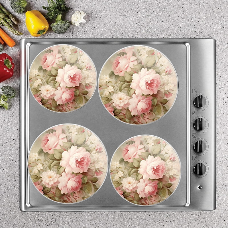 BaHomeck Electric Stove Burner Covers Set of 4,Round Metal Gas Stove Burner Covers 8 Inch and 10 Inch,Kitchen Decor,Vintage Floral With Pink Roses And White Blossoms