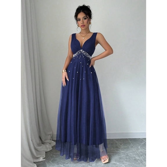 Navy Blue Sleeveless V-Neck Floor-Length Evening Gown With Faux Pearl Embellishment And Sheer Tulle Hem