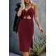 thumbnail image 5 of Women Sexy Cotton Strap Deep V Neck Outfits Dress Solid Color Crop Top High Split Maxi Dresses, Red (M), 5 of 5