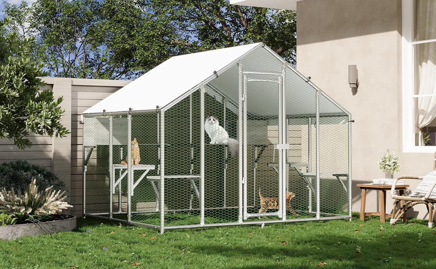 QinaQin Large Catio Outdoor Cat Enclosure for Multiple Cats, Outdoor Large Cat House with Waterproof Cover, 2 Resting Boxes and 7 Platforms, Extra Large Walk-in Cat Patio for Patio, Yard,Gray