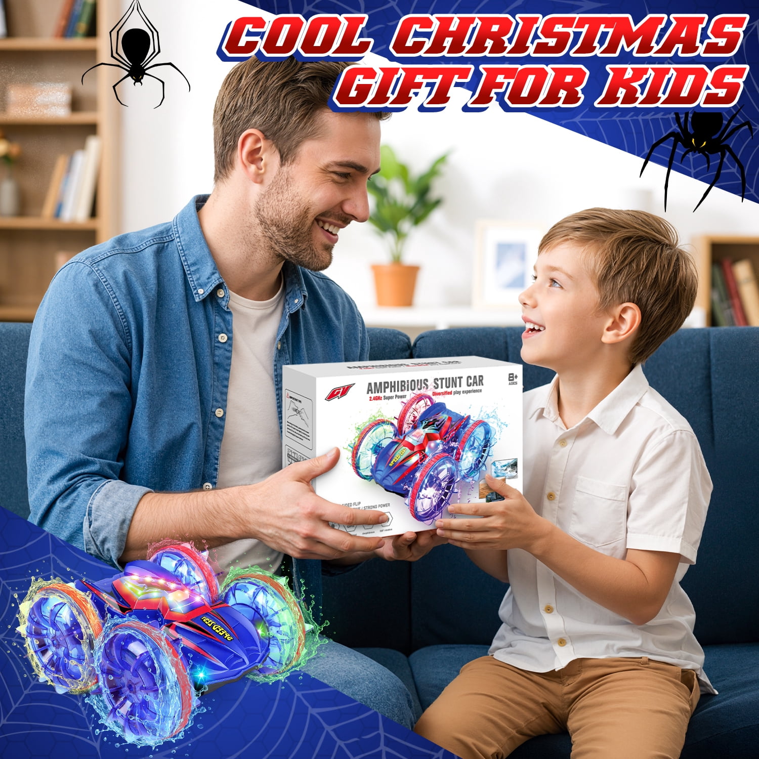 Carsky Amphibious RC Stunt Car for Kids, 2.4G Spider-Style Remote Control Car with Gesture Watch, Double-Sided Driving, LED Lights, Waterproof All-Terrain Toy Gift for Boys & Girls