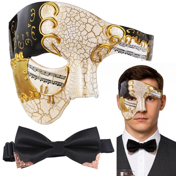 Masquerade Cover for Men, Half Face Cover with Bowtie, Black and Gold Plastic Venetian Cover, Vintage Party Costume Accessories for Party