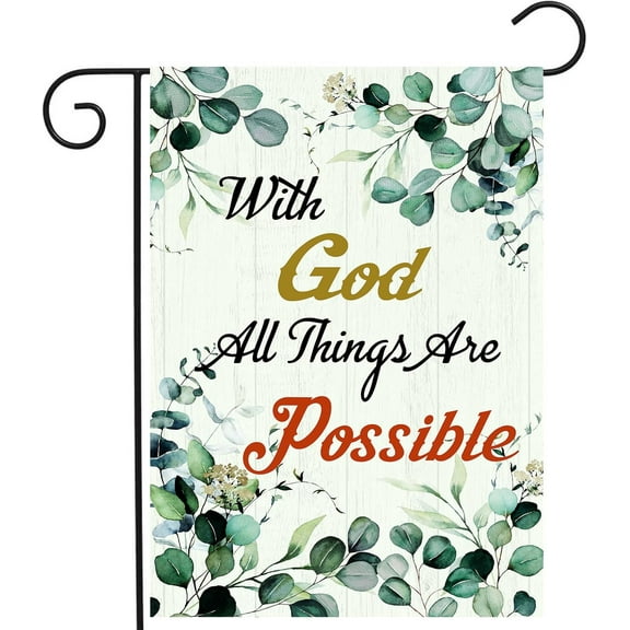 Christian Garden Flag Spring Summer Eucalyptus Leaves Yard Flag Religious Garden Flags Inspirational with God All Things Are Possible Flags for Outside 12x18 Double Sided