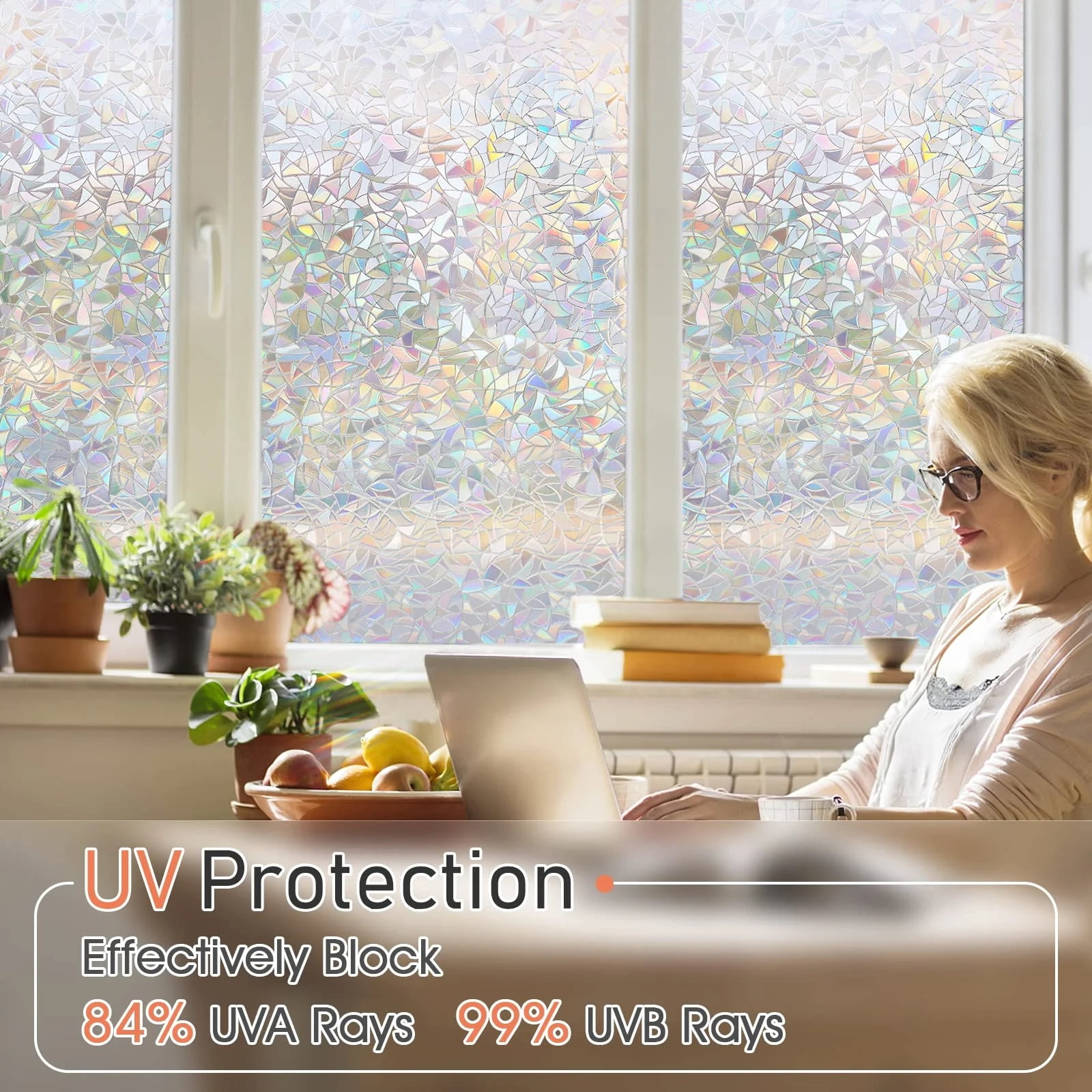 BSHAPPLUS® 17.7" x 354" Privacy Window Film,Rainbow Blackout Window Clings,Stained Glass Window Film,Peel and Cling Window Tint,Anti UV Heat Control Window Shades for Home Kitchen Bathroom Office