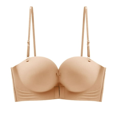 Deals SMihono Women s Non-Slip Front Closure Strapless Balconette  Anti-Sagging Seamless Bra  Push up Full Support Bras with Strap Beige S