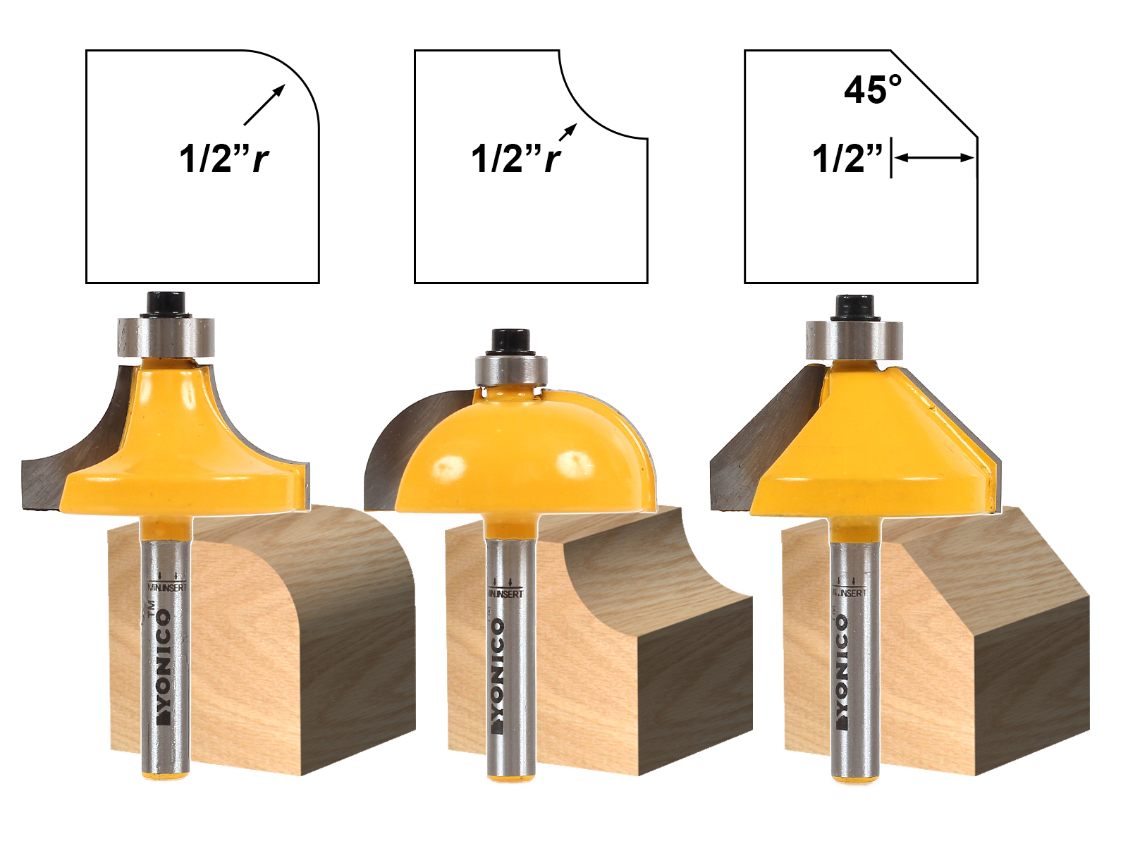 3 Bit Edging Router Bit Set - Large Round over Cove and Chamfer