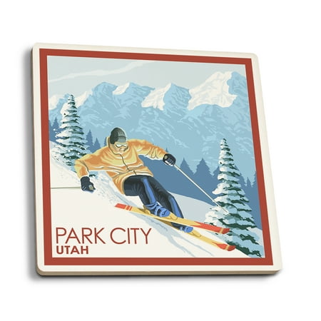 

Park City Utah Downhill Skier (Absorbent Ceramic Coasters Set of 4 Matching Images Cork Back Kitchen Table Decor)