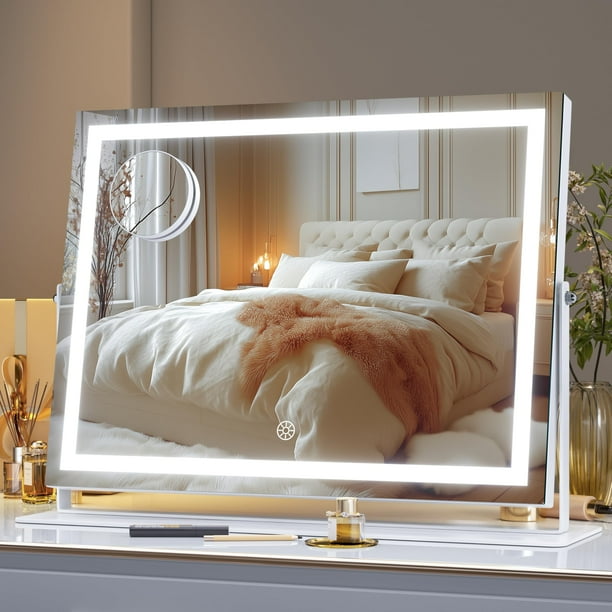 Espejo de maquillaje LED Hasipu de 15,7 x 11,8 pulgadas con 10 cristales