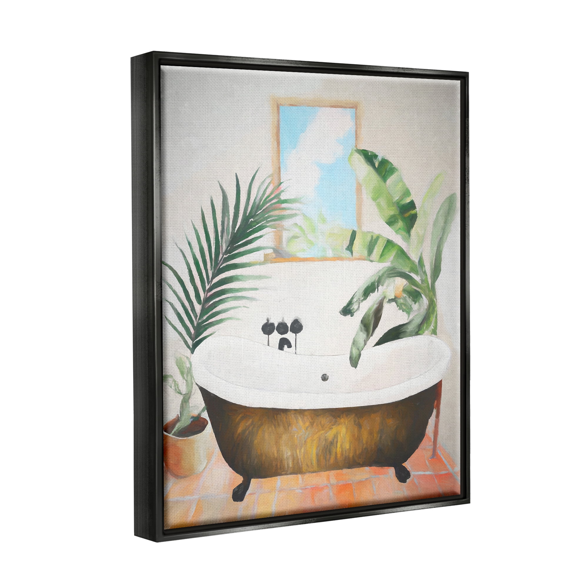 Stupell Industries Tub with Tropical Plants Botanical & Floral Painting Black Floater Framed Canvas Art Print Wall Art, 25 x 31