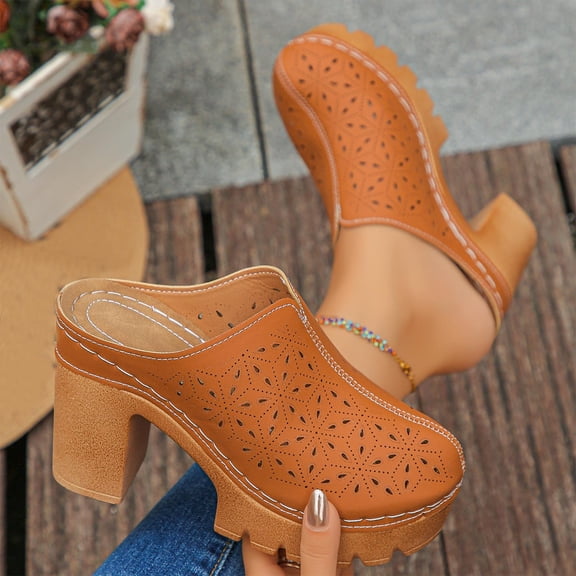 Womens Platform Mules Chunky Heel Sandals - Brown Perforated PU Faux Leather Slip On Breathable Block Heel Shoes with Cushioned Insole,Size 39