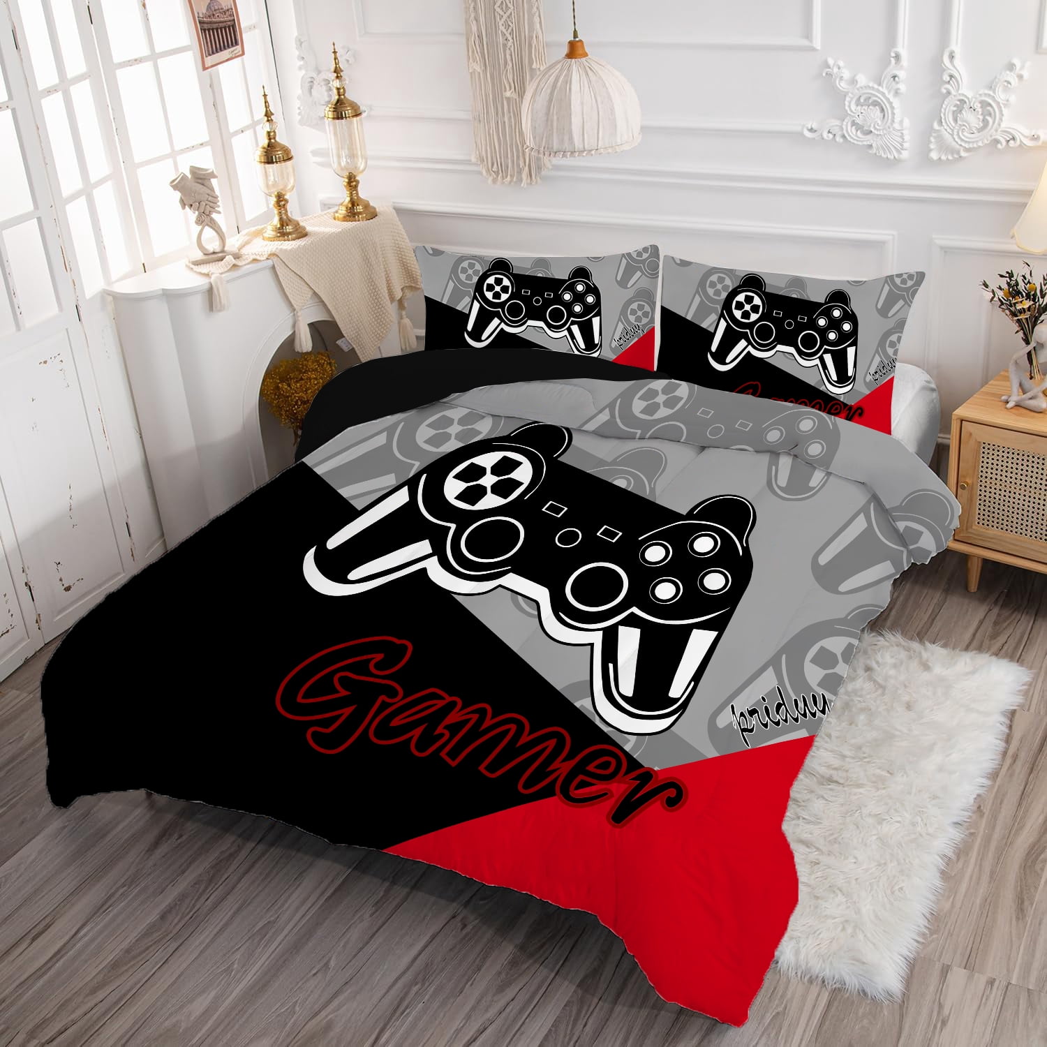 Psoiuetr Gaming Comforter for Kids Boys Teens Video Game Bedding Set Gamer Comforter Gamepad Comforter Set Queen Size Red Black Gray 3 Pieces