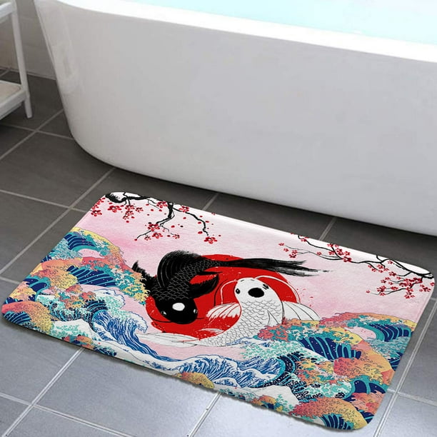 Japanese Bath Mat Ocean Wave Theme, Yin Yang Koi Fish on Kanagawa Great