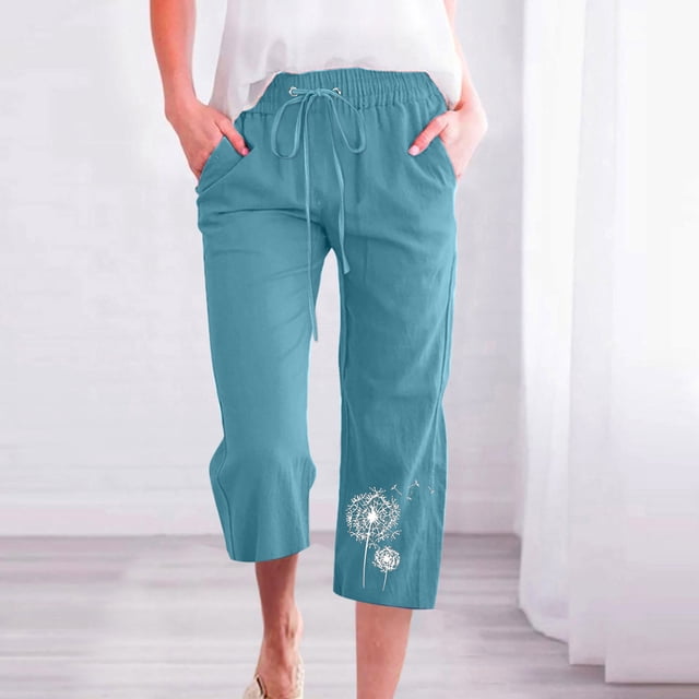 Jsaierl Womens Capris with Pockets Drawstring Elastic Waisted Wide Leg Cropped Pants Plus Size Fashion Floral Print Capris