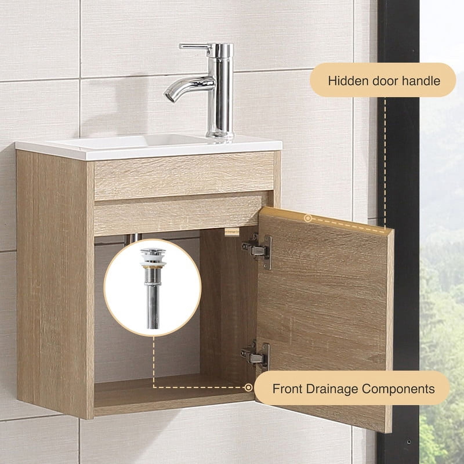 Walsport 16" Wall-Mount Bathroom Vanity Cabinet with Sink,Basin,Faucet,Wall Mounted Cabinet Set Design Bathroom Vanity for Small Space,Beige