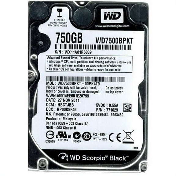 WD7500BPKT-00PK4T0, DCM HBCTJBBB, Western Digital 750GB SATA 2.5 Hard Drive
