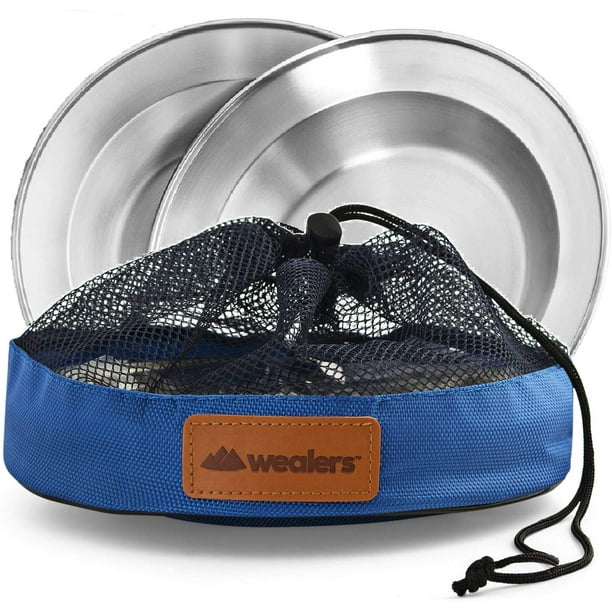 Wealers Camping Stainless Steel Dinner Plate Set with Blue Portable