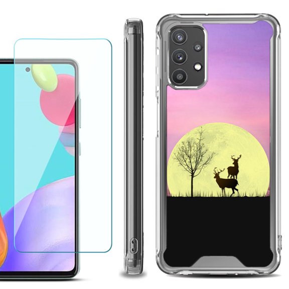 Shockproof Bumper Phone Case for Samsung Galaxy A52 5G, with Tempered Glass Screen Protector, by OneToughShield ® - Moonlight Deer