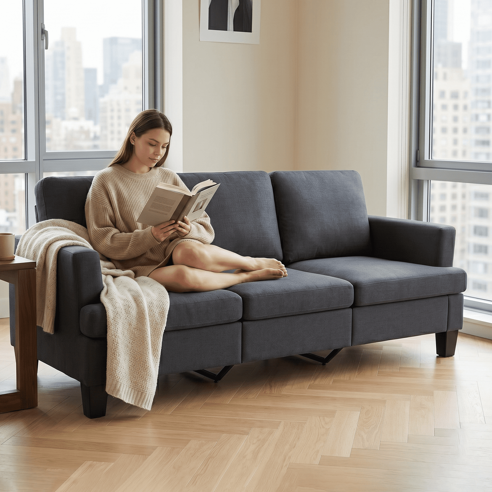 3 Seater Sofa, 84" Linen Upholstered Sofa with Deep Seats, Classic Modern Couch for Living Room, Dark Gray