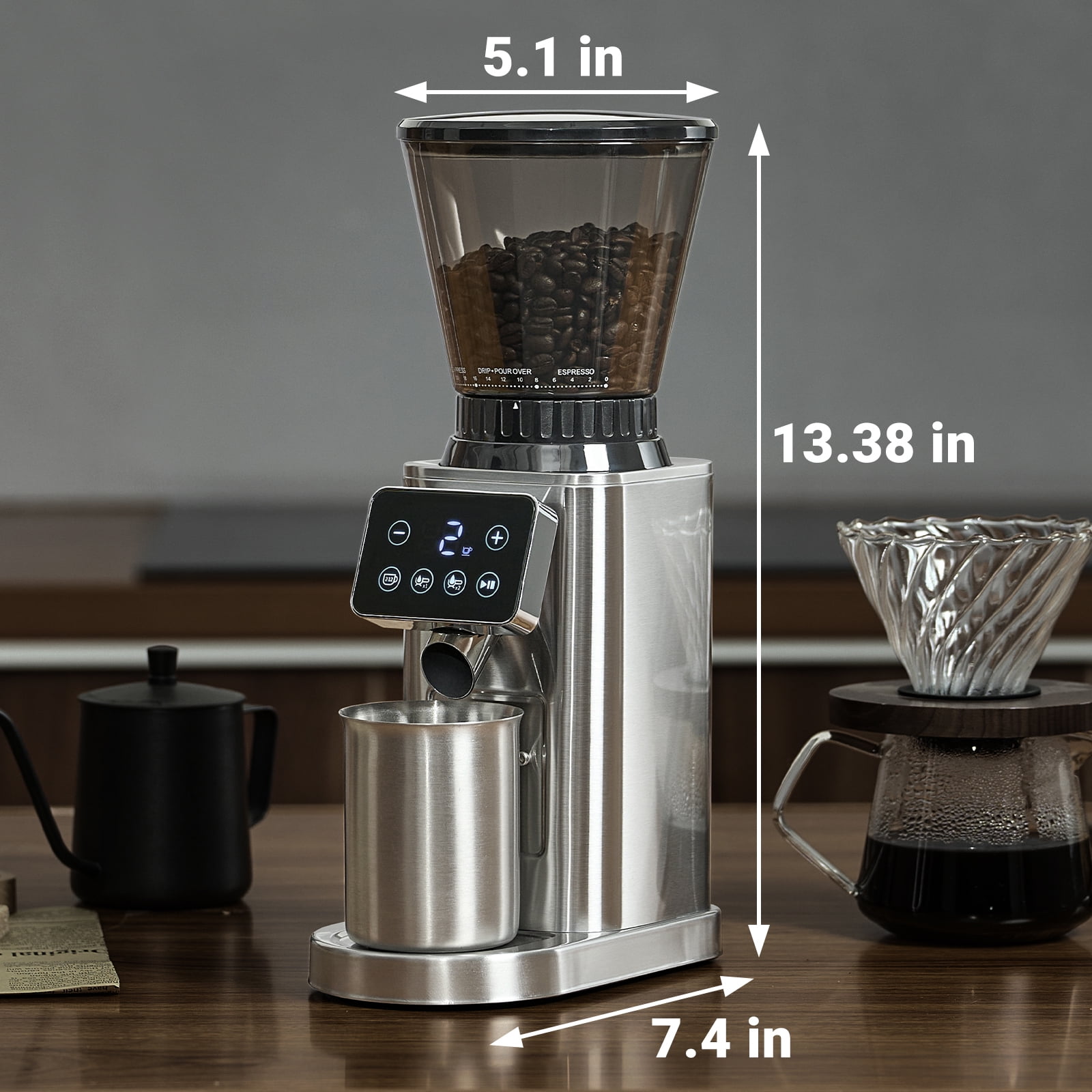Sunmaki Electric Burr Coffee Grinder, 24 Grind Settings, LED Control Panel, Anti-Static Design, Silver
