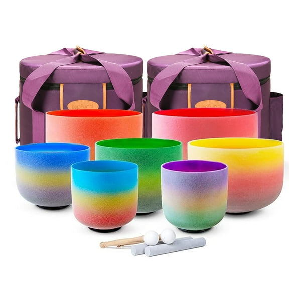 TOPFUND 432Hz 7-12 Inch Chakra Tuned Set of 7 Rainbow Crystal Singing Bowls(12"C 11"D 10"E 9"F 8"G 7"A 7"B) with Heavy Duty Carrying Case and Mallets