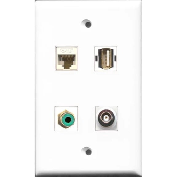 RiteAV 1 Port RCA Green and 1 Port USB A-A and 1 Port BNC and 1 Port Cat6 Ethernet White Wall Plate