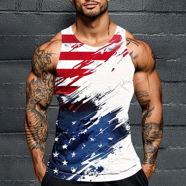 Camiseta sin mangas de cuello redondo para hombre, con estampado del Día de la Independencia, cuello redondo, estilo informal, deportiva, para hombre