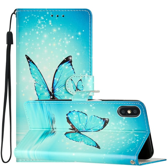 Nalacover Wallet Case for iPhone XS Max with Painting Pattern PU Leather Magnetic Kickstand Flip Folio Cover, Card Slots Holder Soft Silicone Shockproof Protective Case, Blue Butterfly