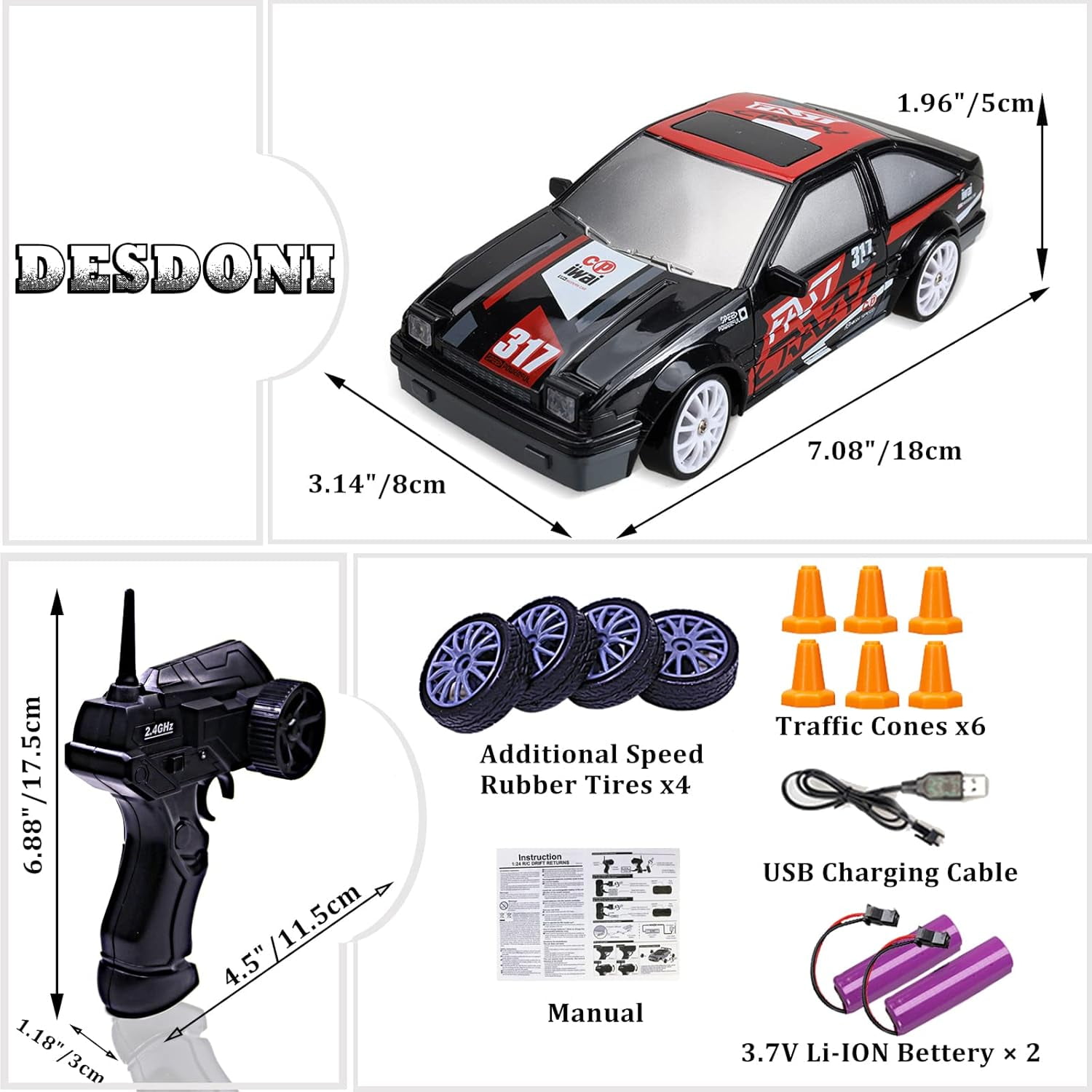 ATJIA Remote Control Car RC Drift Car 2.4GHz 1:24 Scale 4WD 15KM/H High Speed Drifting Tire Racing Sport Toy Car