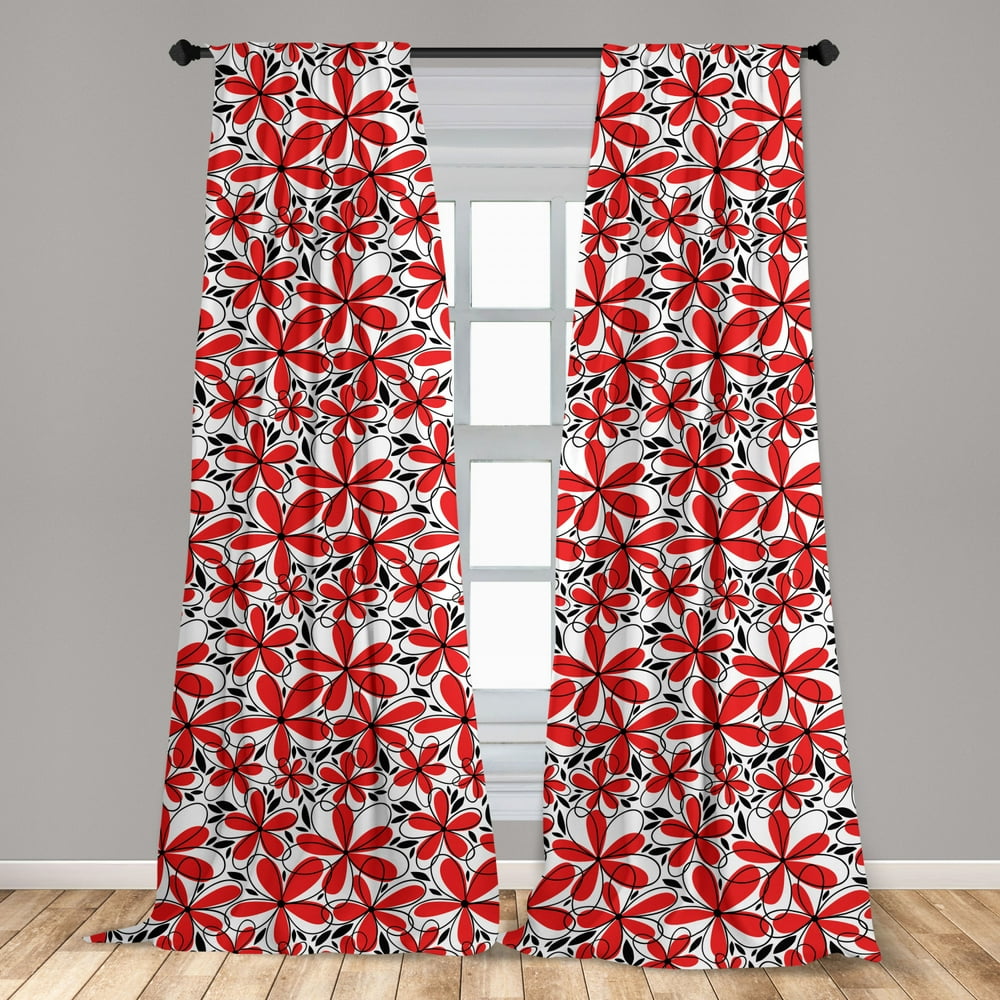 Red and Black Curtains 2 Panels Set, Doodle Art Style Abstract Flowers