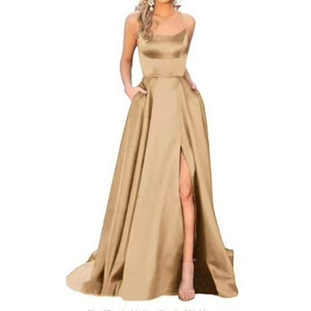 LUXUR Robe Longue Femme Col Rond Maxi Robes Sans Manches Robe de Bal Décontractée Bretelles Spaghetti Kaki S