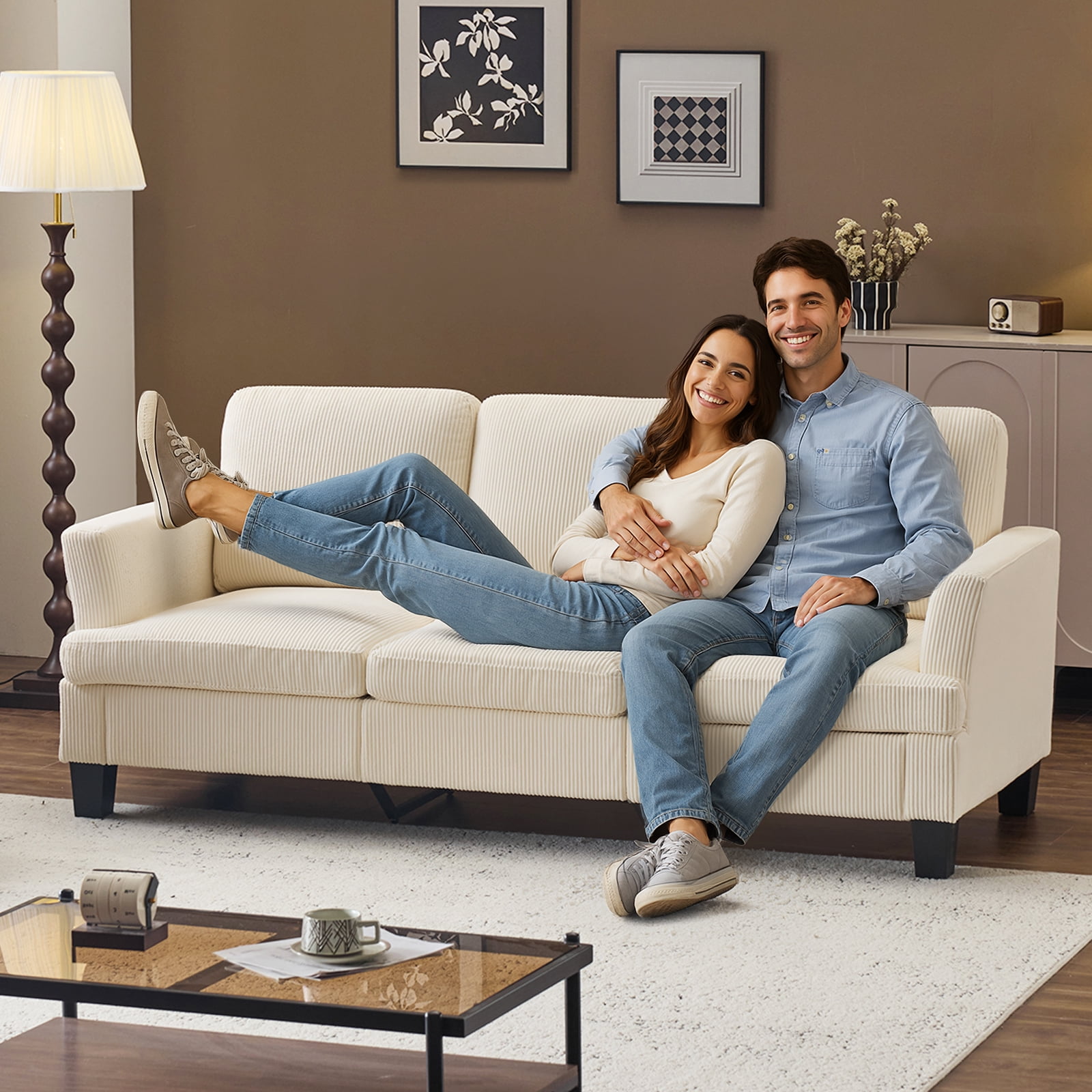 Ktaxon 83" Sofa with 3 Seater, Corduroy Couch with Deep Seat, Ergonomic Design, Removable Cushions for Living Room Bedroom Office, Beige