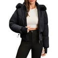 thumbnail image 5 of Women's Short Belted Puffer Jacket, Faux Fur Trim Hooded Quilted Coat, Waist Cinching Winter Jacket, Warm Winter Coat, Casual Short Puffer, Belted Winter Jacket, Cozy Faux Fur Hood Black L, 5 of 10