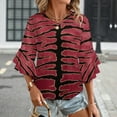 thumbnail image 3 of Red Tiger Stripe Velvet Fabric Women's V-Neck Blouse With 3/4 Ruffled Bell Sleeves Casual Top Ladies Blouses, 3 of 7