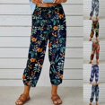 thumbnail image 6 of Cotton Linen Capri Pants Plus Size Drawstring Elastic High Waist Lounge Cropped Floral Pants Summer Black 01,L, 6 of 6