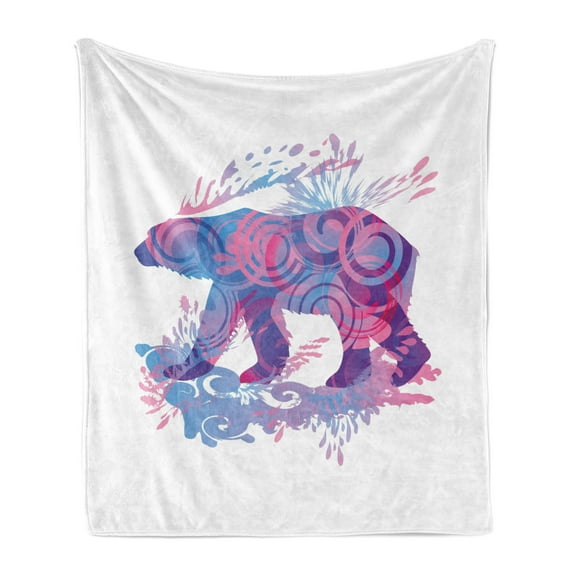 Bear Soft Flannel Fleece Throw Blanket, Abstract Silhouette with Swirls Color Splashes Fantasy Display, Cozy Plush for Indoor and Outdoor Use, 70" x 90", Pale Pink Blue Purple, by Ambesonne