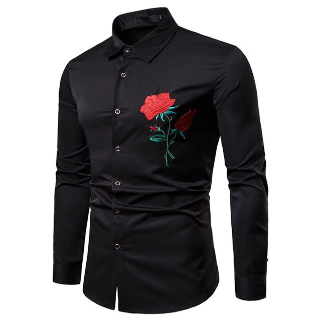 Chemise Décontractée pour Hommes Rose Brodée Col Rabattu Ajustée Manches Longues Blouse