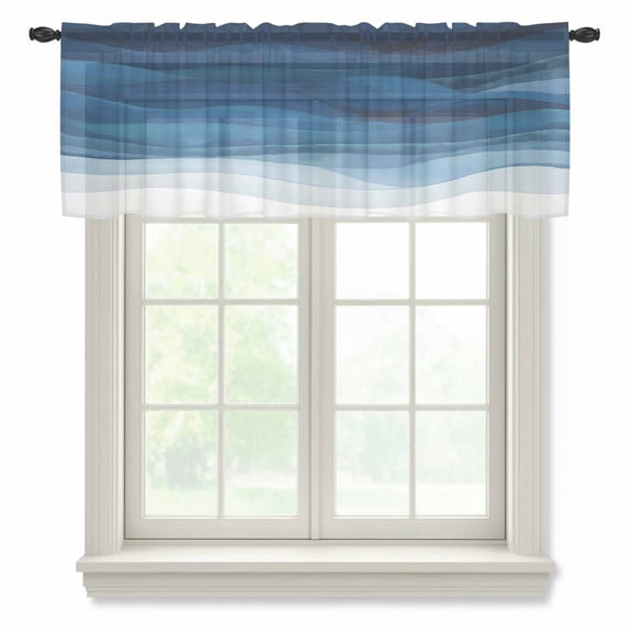 Navy Blue Ombre Valance Curtains for Kitchen/Living Room/Bathroom/Bedroom Window, Rod Pocket Small Topper Half Short Window Curtains Voile Sheer Scarf, Modern Moire Gradient Watercolor 42"x12"