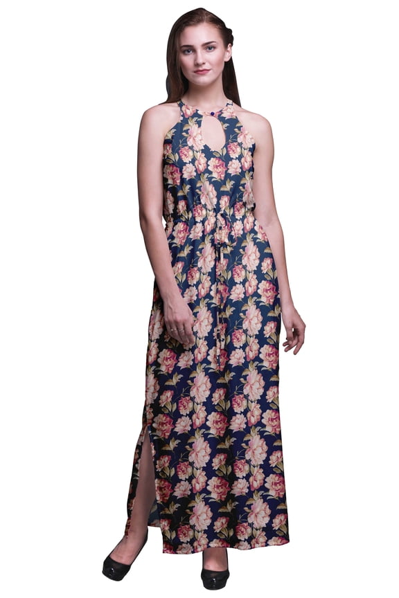 Floral Ladies Crew Neck Waist String Print Maxi Dress with Side Slits Summer Wear-Medium