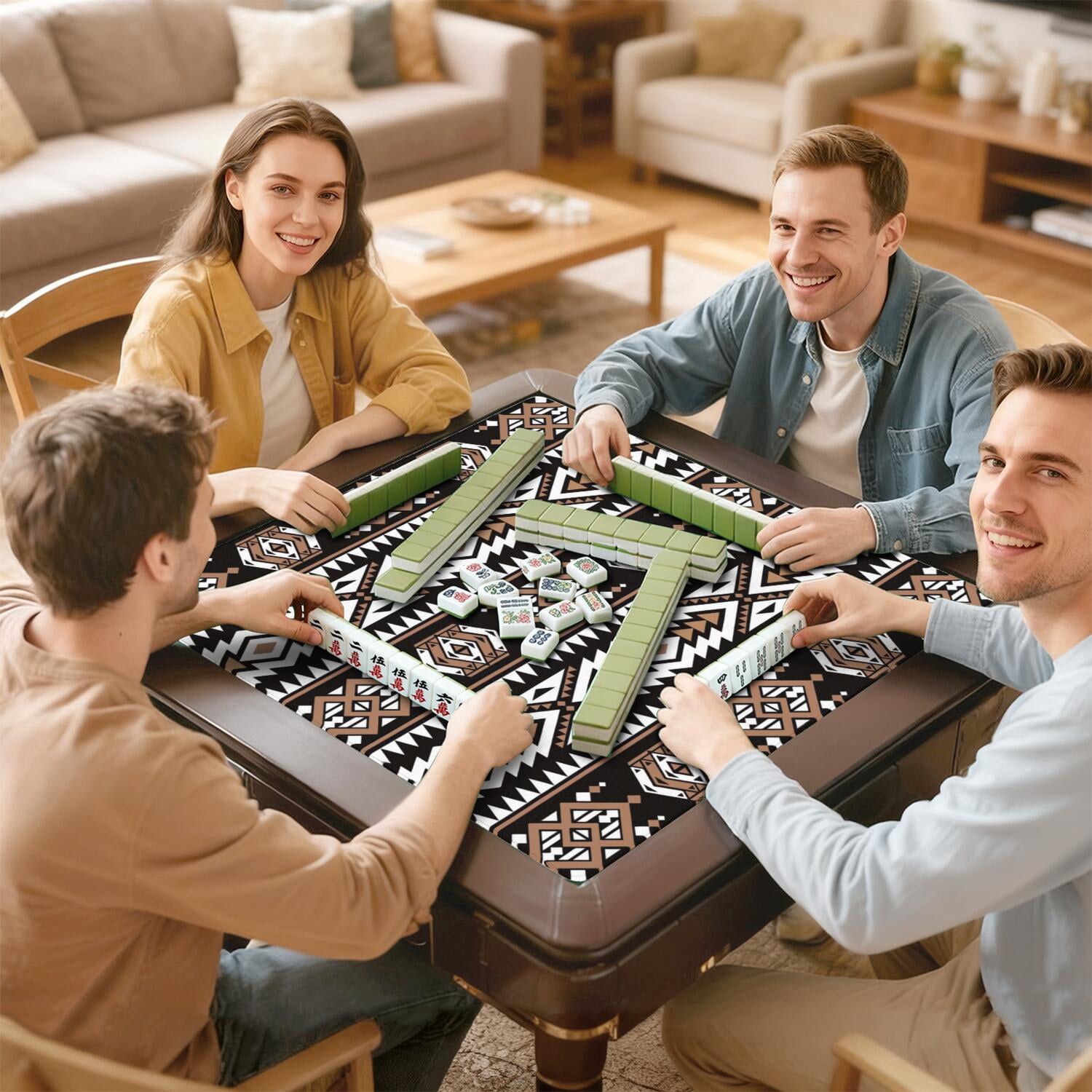 Boho Inspired Large Non-Skid Rubber Pad for Game Tables 31.5 Inch Square Mahjong Playing Mat with Quiet Design for Tiles Cards and Family Entertainment