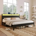thumbnail image 2 of Bexfil King Size LED Bed Frame with Charging Station, Modern Metal Platform Bed with Wood Headboard, Black Oak, 2 of 6
