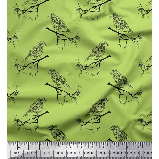 Soimoi Green Cotton Voile Fabric Branch & Bird Text Print Sewing Fabric Yard 42 Inch Wide